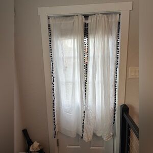 PB Teen Side Pom Rod Pocket Set of 2 Sheer Cotton Curtain Panels 44x64”